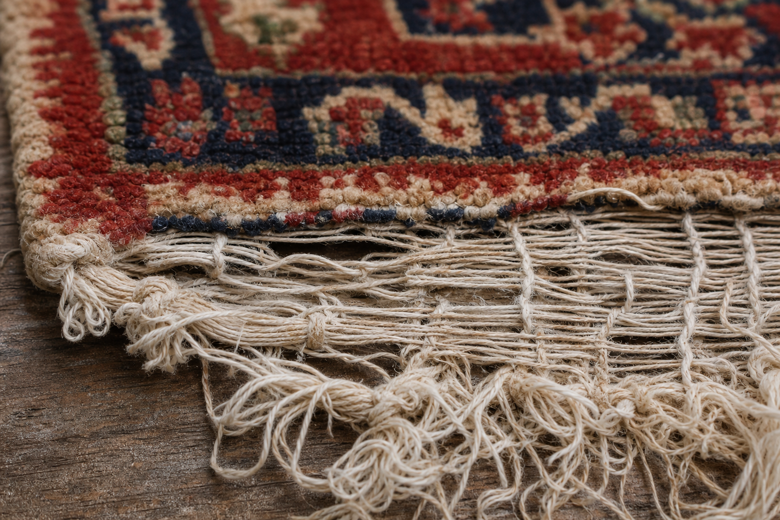 Macro close-up of unraveling fringe with the rug's warp foundation threads exposed and loose