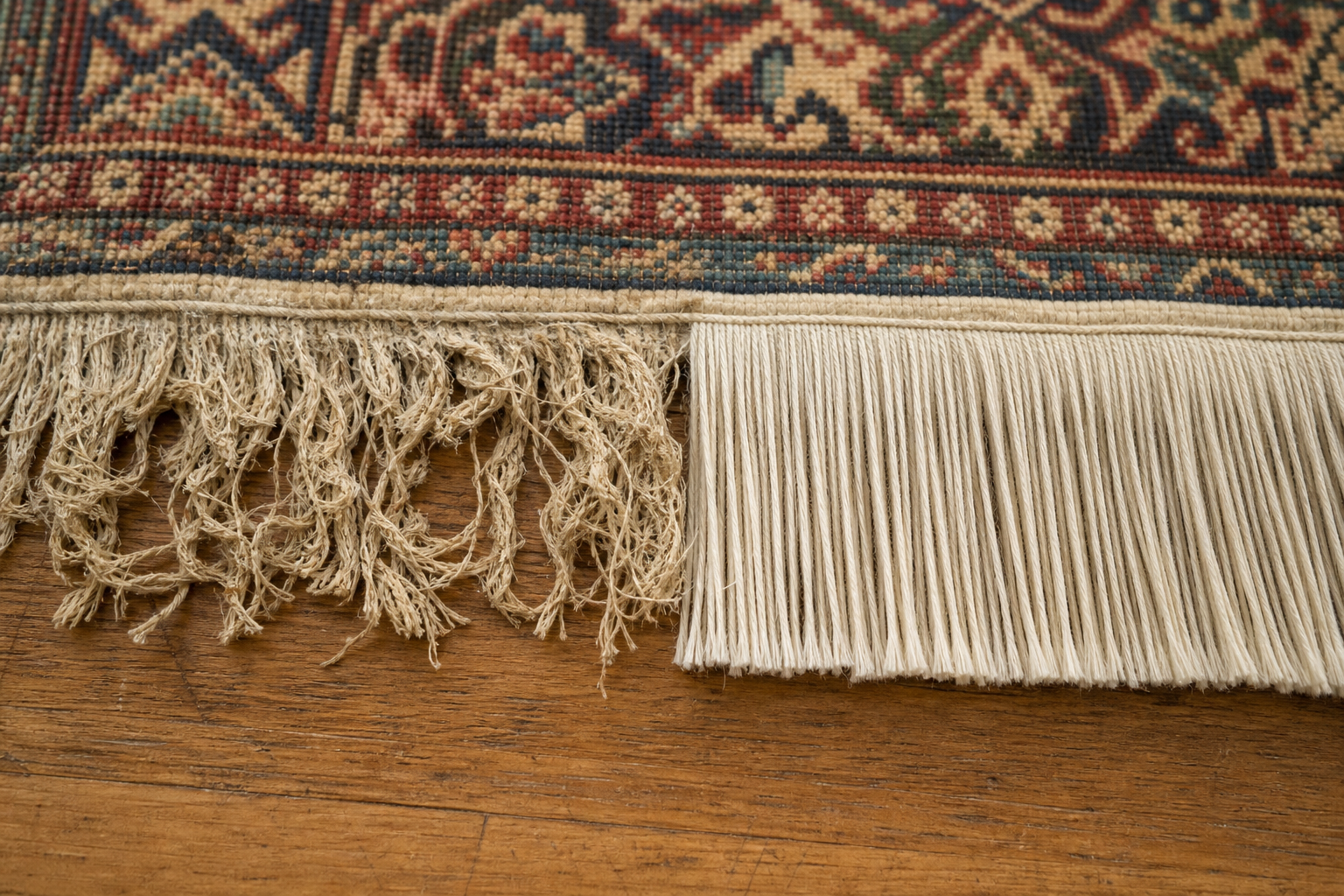 Rug end with frayed, damaged fringe on one side and neat, restored fringe on the other