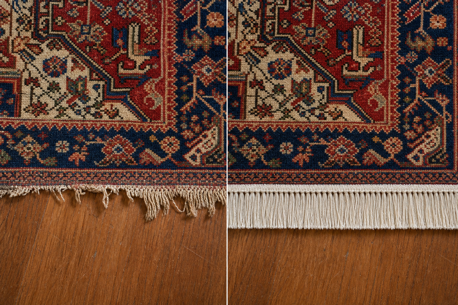 Before and after of a rug end with new fringe added and blended to match