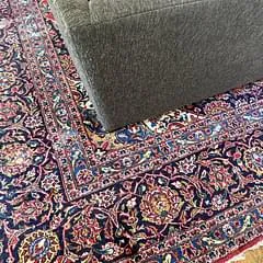 Persian rug with red and navy medallion border in a living room, treated for pet stains