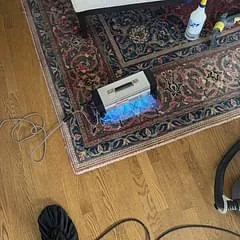 Ultraviolet light on a Persian rug on a hardwood floor, used to locate pet urine spots before treatment