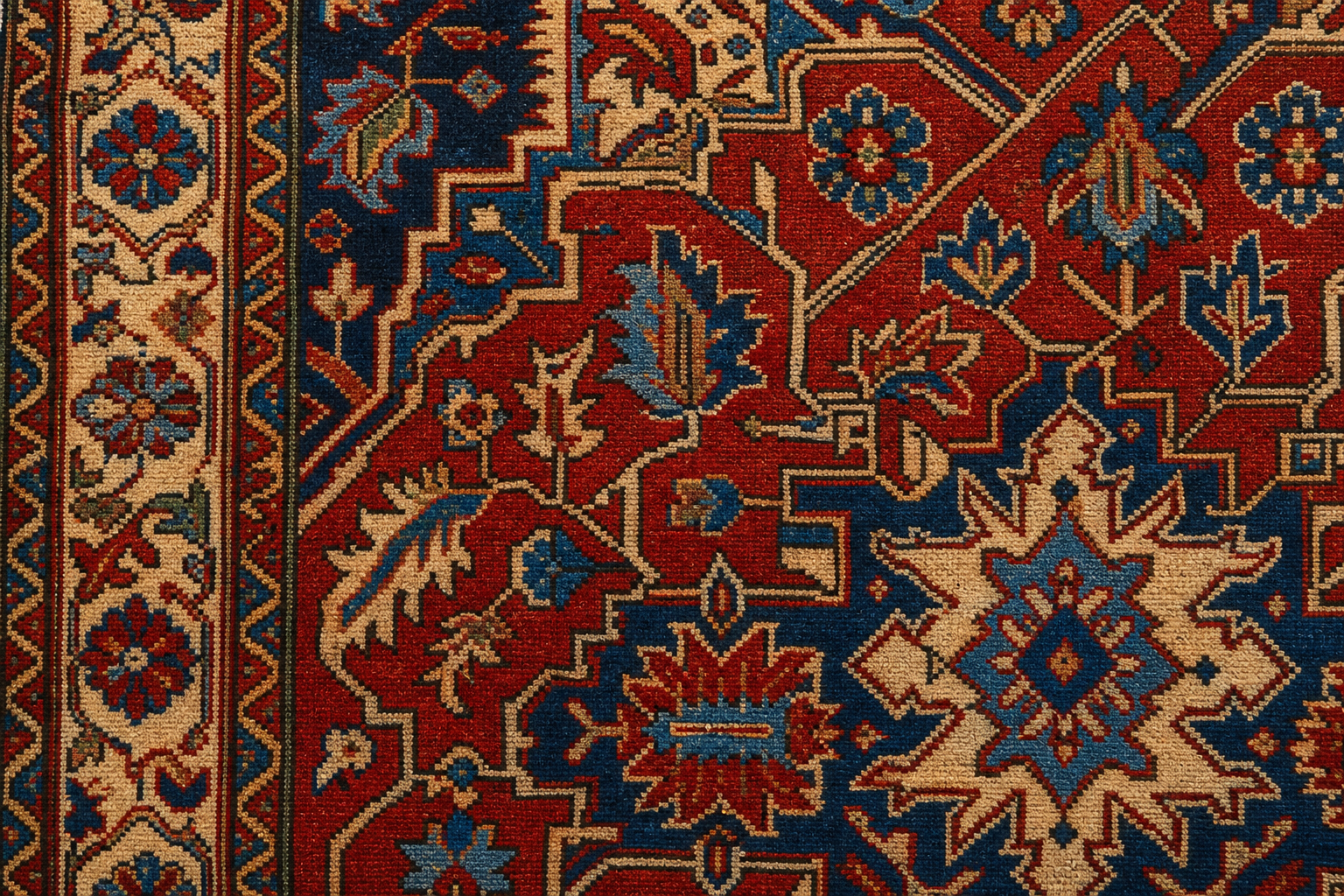 Close-up of a richly colored rug pattern used as the reference for precise color matching