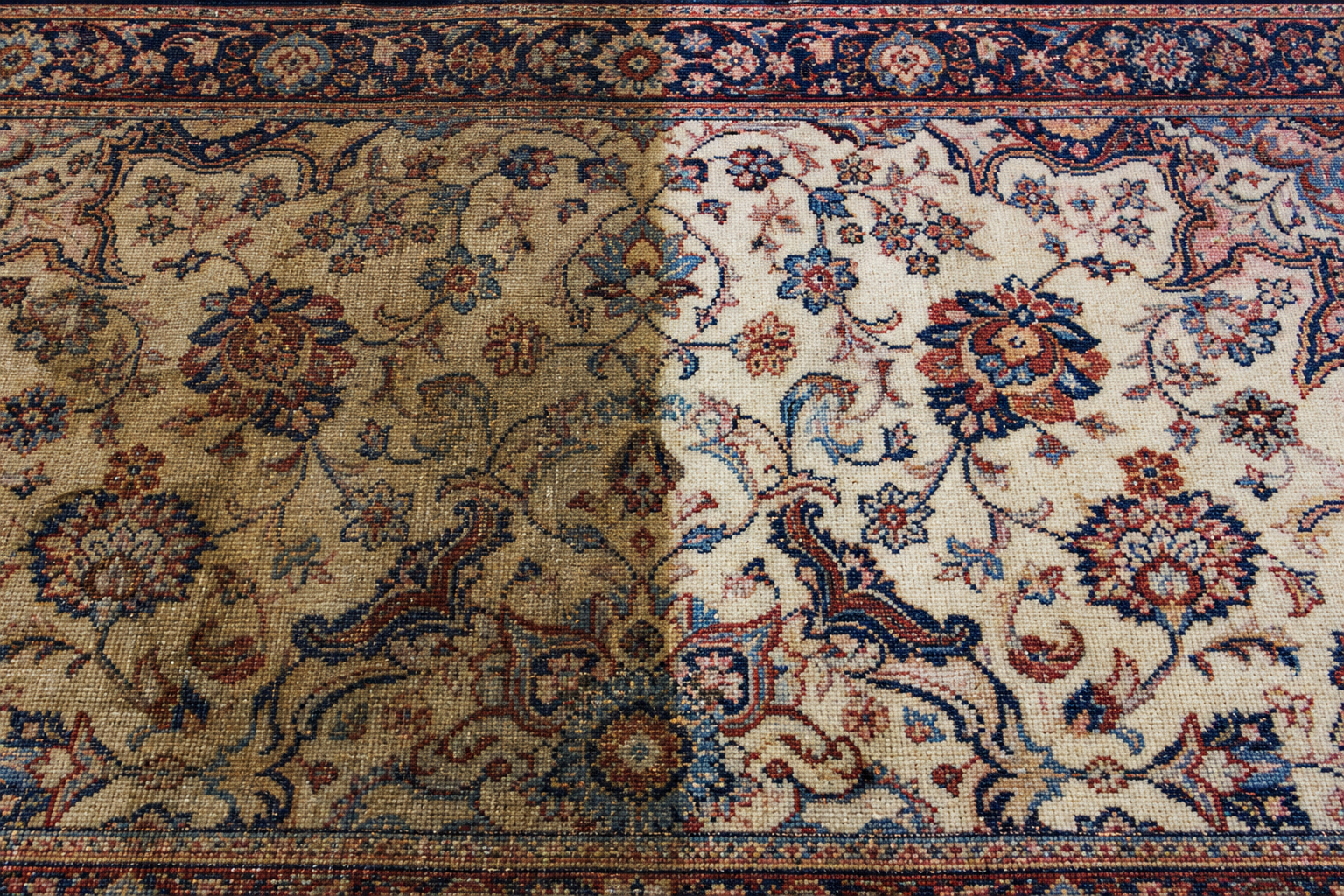 A rug section half-cleaned, the brown pet stain removed on one side to reveal the original colors