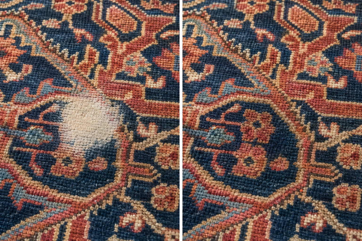Before and after of a bleached pet-stain spot re-dyed and blended back into the rug pattern
