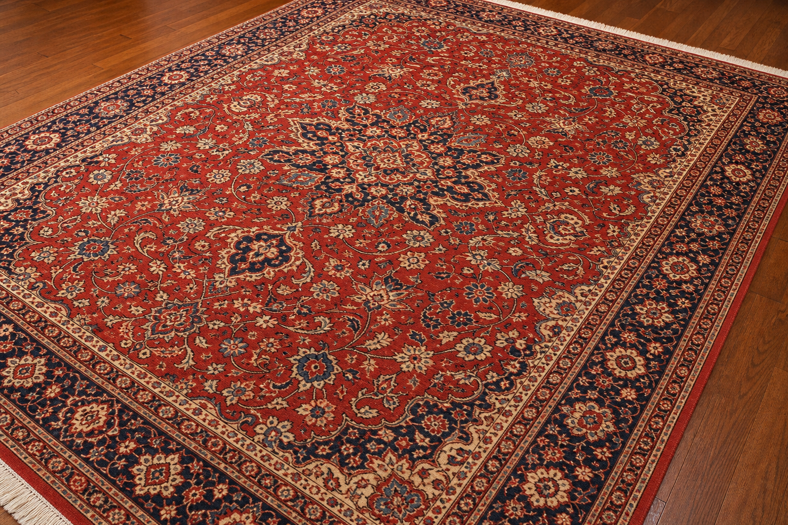 A fully restored, spotless patterned oriental rug with even, vivid color and no discoloration