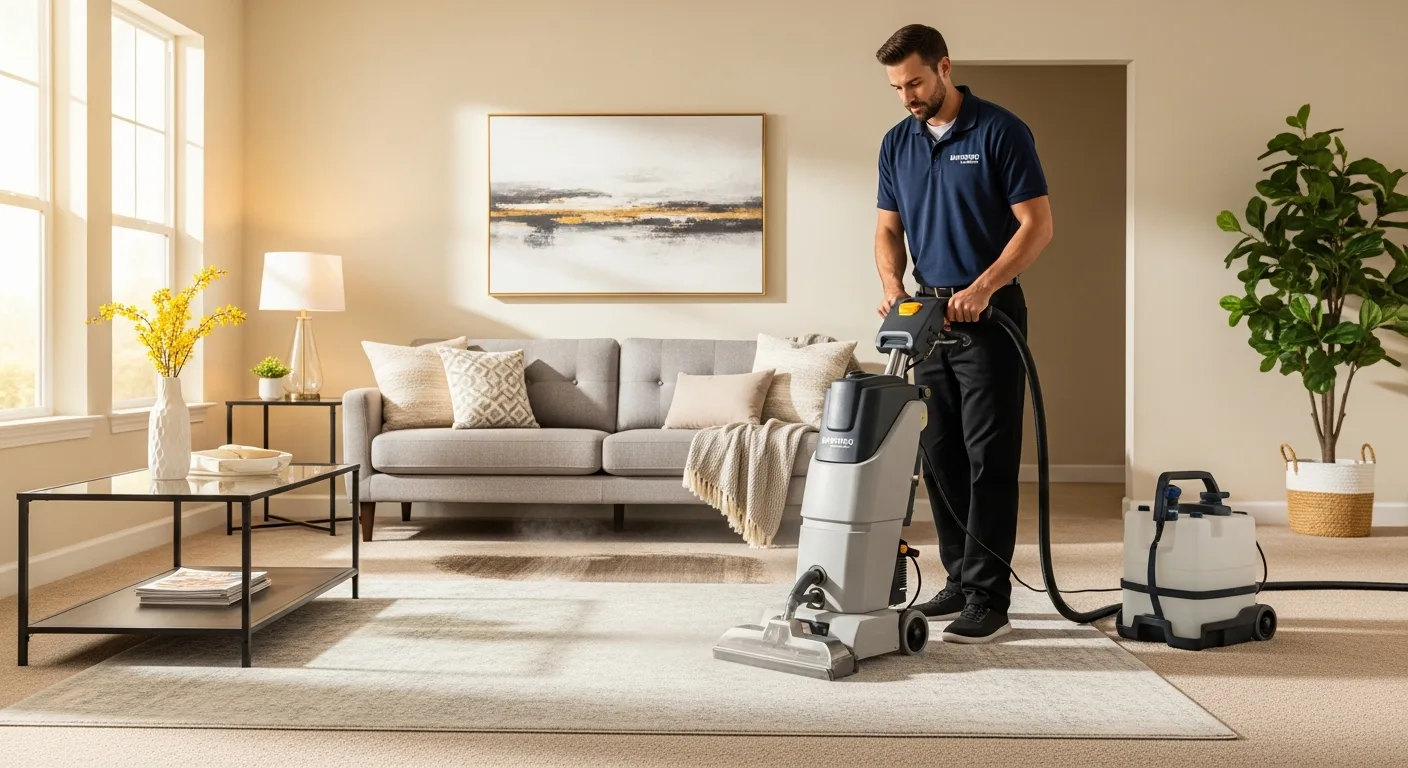 Professional carpet steam cleaning in action, demonstrating effective hot water extraction for deep carpet cleaning
