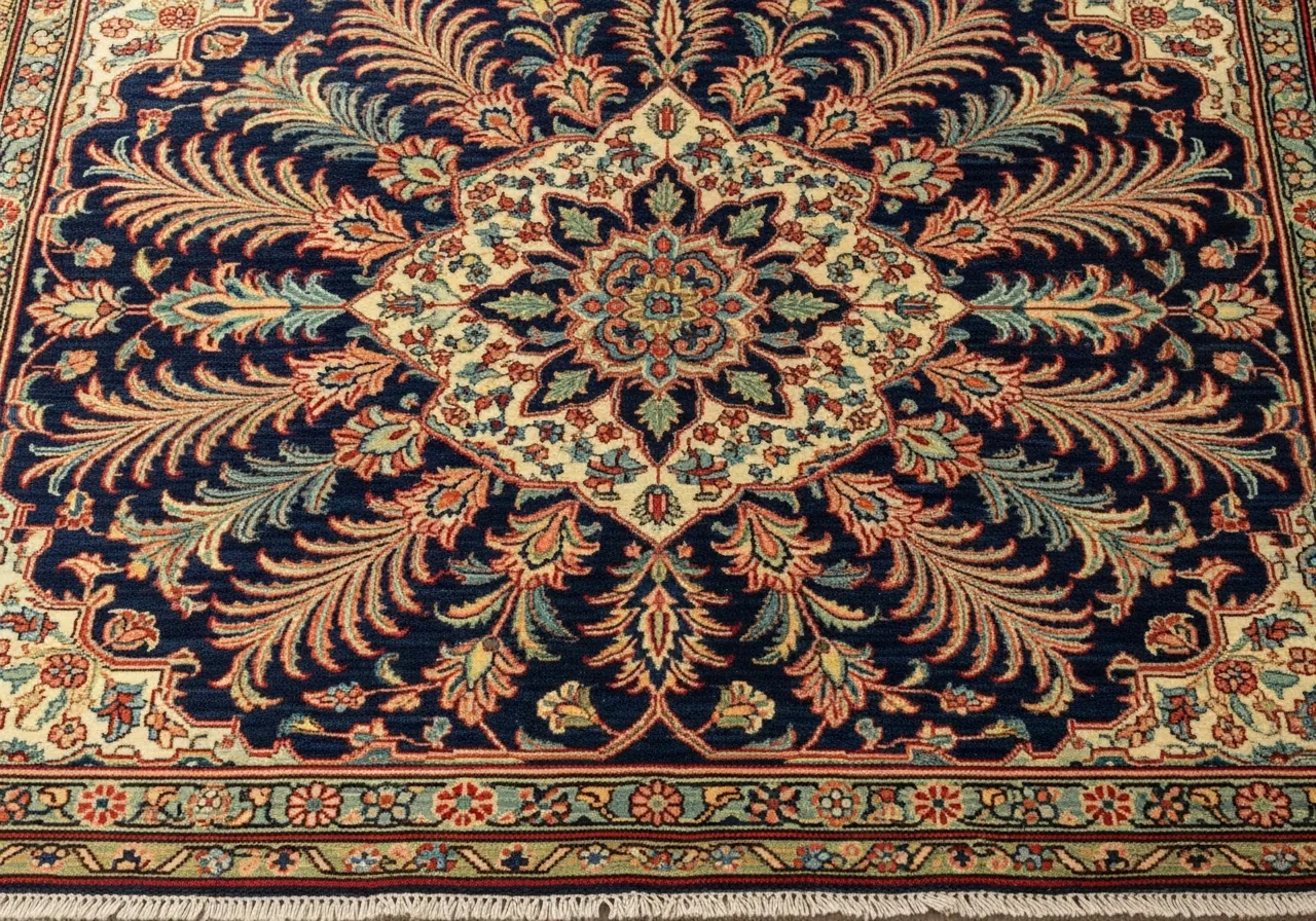 Detail of a freshly cleaned Persian oriental rug showing vivid restored colors and intact fringe