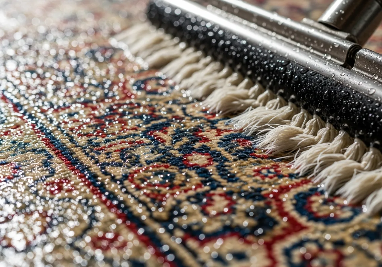 Wet rug cleaning process close-up